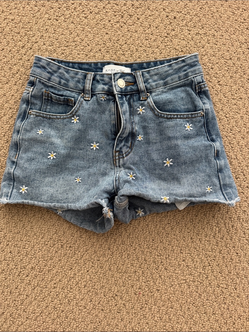 Khaki & Blue Daisy Embroidered Denim Shorts